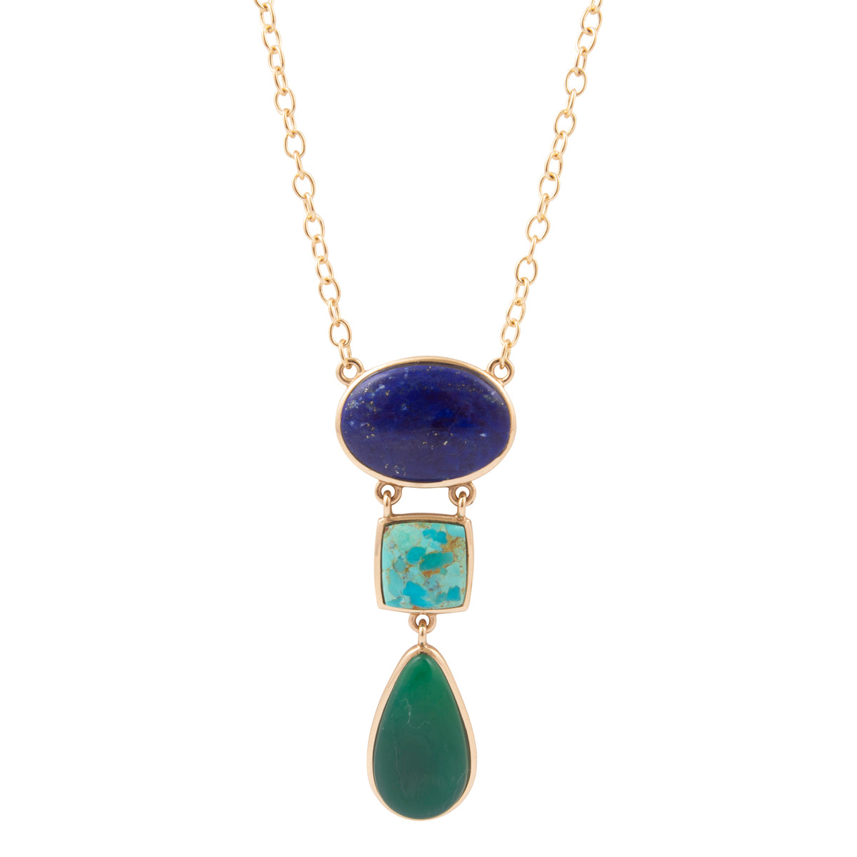Azure Blue Lapis and Turquoise Green Agate Golden Pendant Necklace - close-up view
