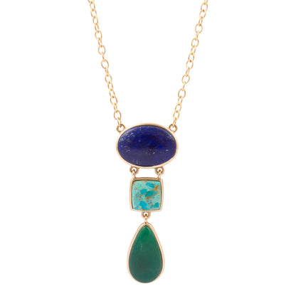 Azure Blue Lapis and Turquoise Green Agate Golden Pendant Necklace - close-up view