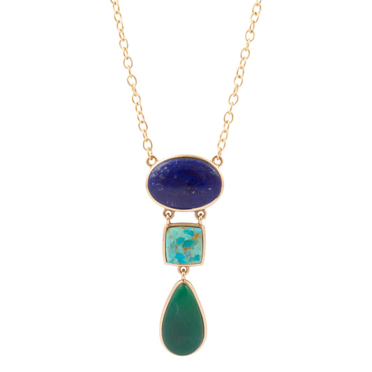 Azure Blue Lapis and Turquoise Green Agate Golden Pendant Necklace - close-up view