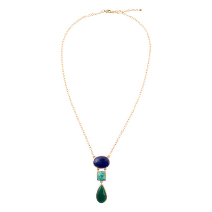 Azure Blue Lapis and Turquoise Green Agate Golden Pendant Necklace - front view