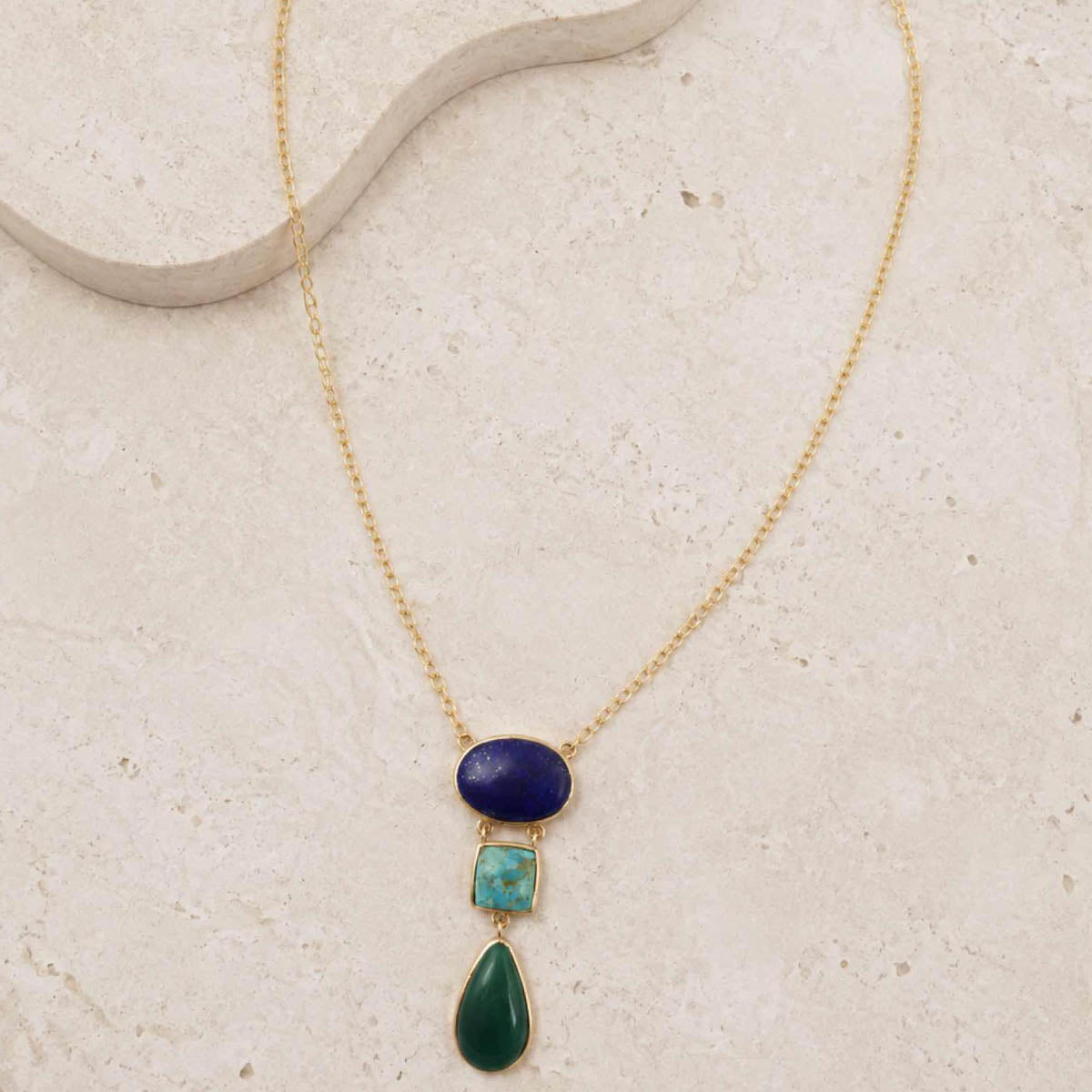 Azure Blue Lapis and Turquoise Green Agate Golden Pendant Necklace - lifestyle view