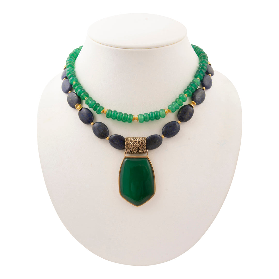 Midnight Garden Blue Lapis Green Agate Golden Pendant Statement Necklace