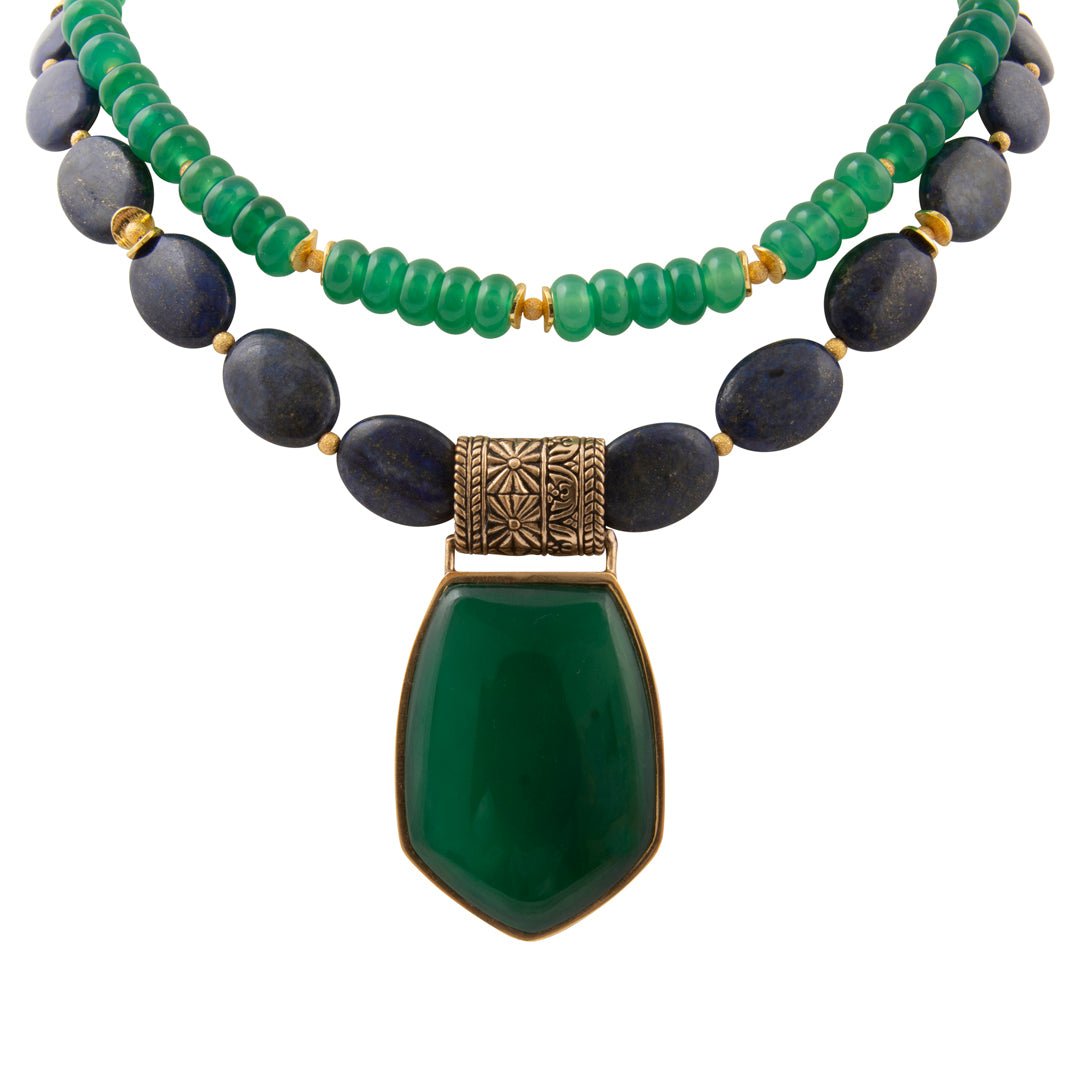 Midnight Garden Blue Lapis Green Agate Golden Pendant Statement Necklace