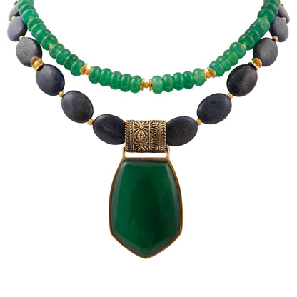 Midnight Garden Blue Lapis Green Agate Golden Pendant Statement Necklace
