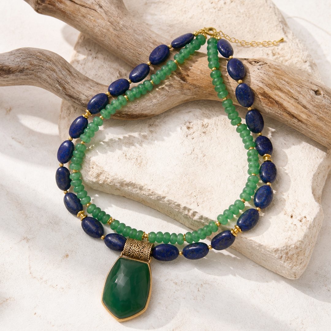 Midnight Garden Blue Lapis Green Agate Golden Pendant Statement Necklace