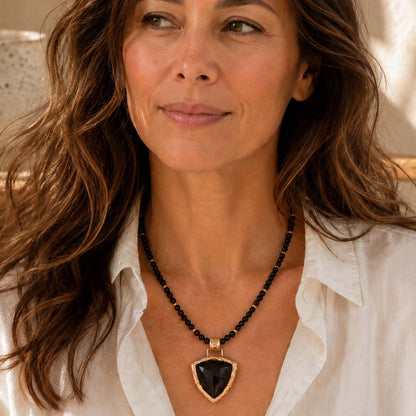 Midnight Luxe Black Onyx Golden Pendant Necklace - model view