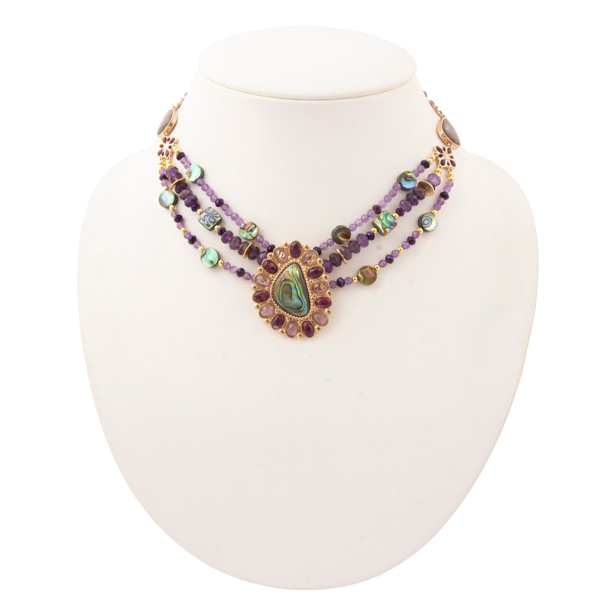 Purple Amethyst and Abalone Golden Pendant Necklace
