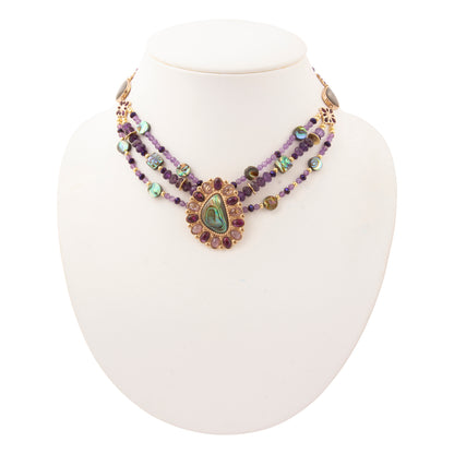 Purple Amethyst and Abalone Golden Pendant Necklace