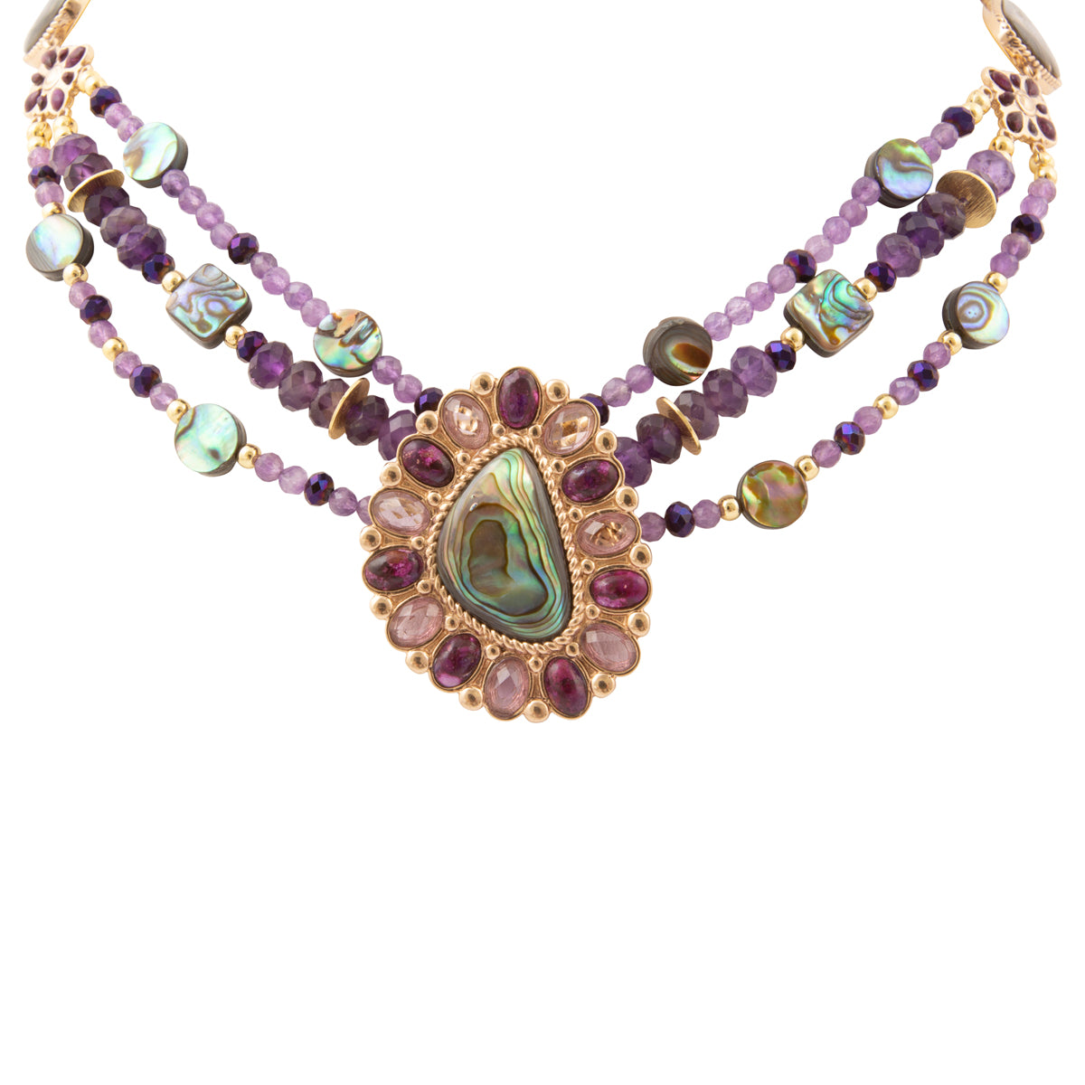 Purple Amethyst and Abalone Golden Pendant Necklace