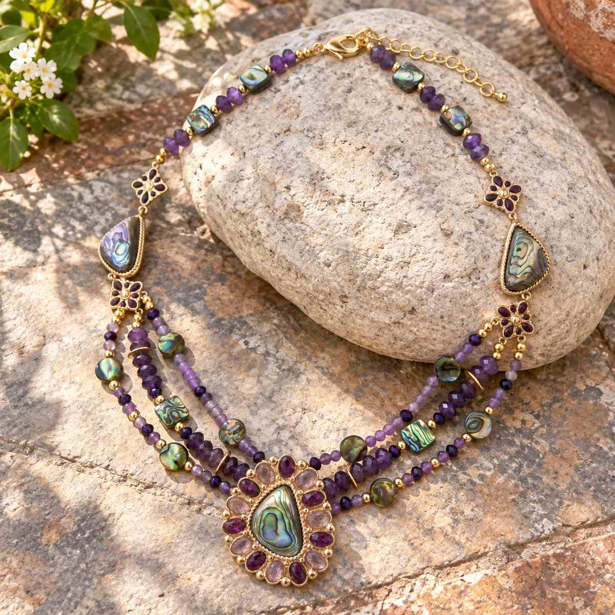 Purple Amethyst and Abalone Golden Pendant Necklace