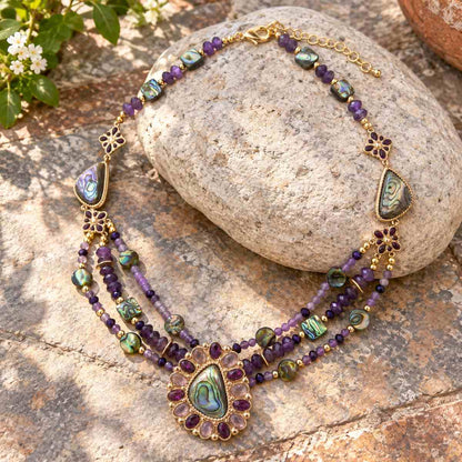 Purple Amethyst and Abalone Golden Pendant Necklace