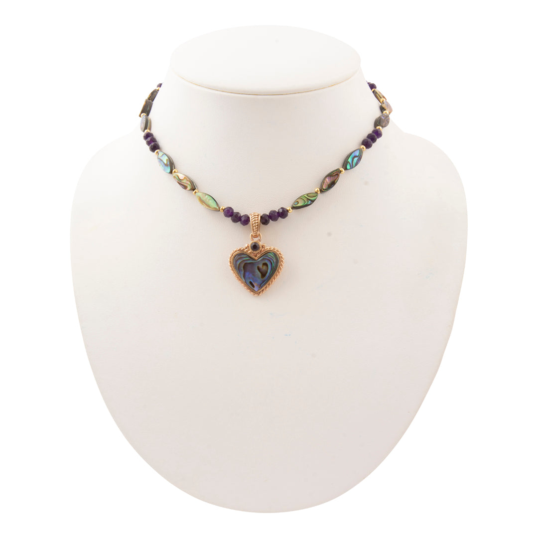 Purple and Green Abalone Golden Heart Pendant Necklace