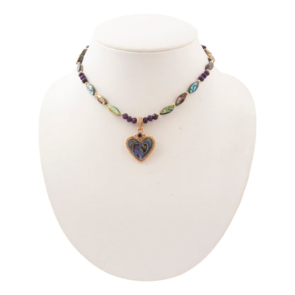 Purple and Green Abalone Golden Heart Pendant Necklace