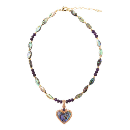 Purple and Green Abalone Golden Heart Pendant Necklace