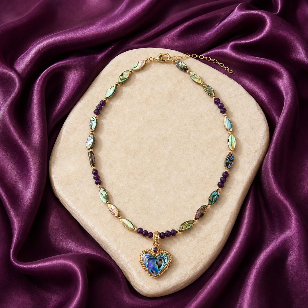 Purple and Green Abalone Golden Heart Pendant Necklace