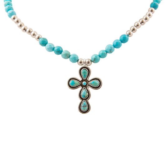 Sacred Sky Blue Turquoise Silver Cross Necklace