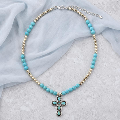 Sacred Sky Blue Turquoise Silver Cross Necklace