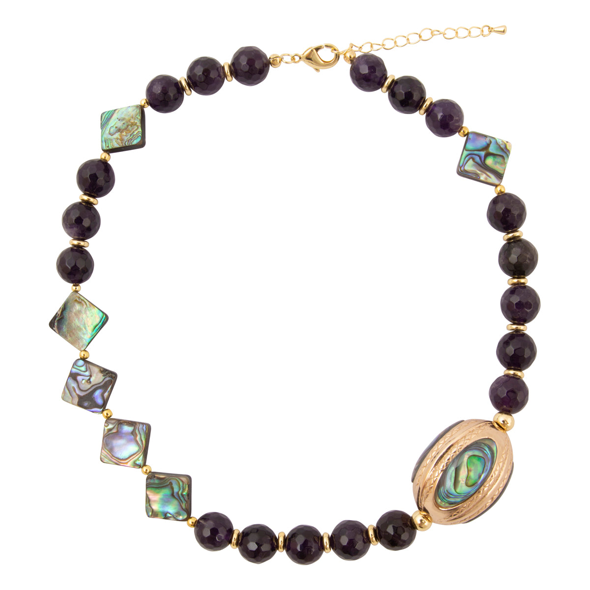 A beaded necklace featuring dark purple faceted beads, square iridescent abalone shell tiles, a large oval abalone shell centerpiece, and gold-tone metal spacers and clasp.