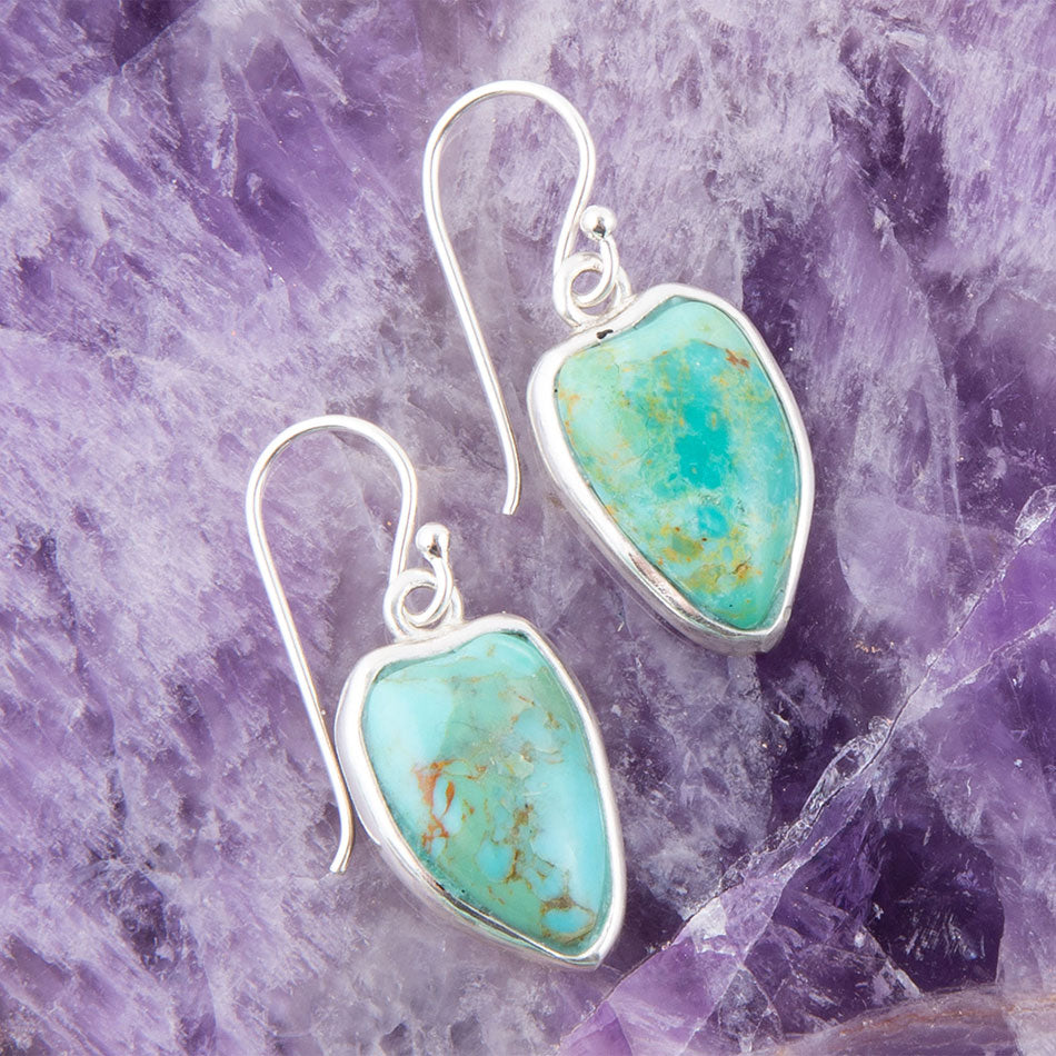 Turquoise stone earrings with silver frames on a purple crystal background