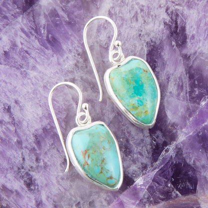 Turquoise stone earrings with silver frames on a purple crystal background