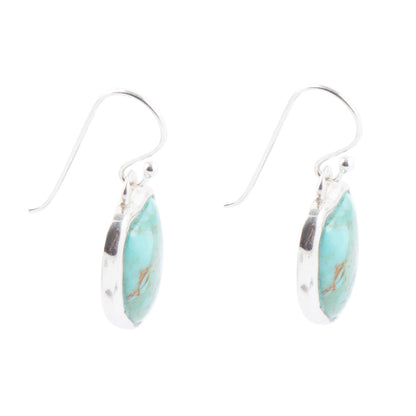 Turquoise earrings with silver hooks on a white background
