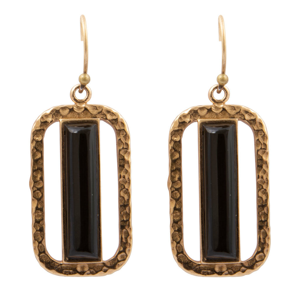 Barse Linear black onyx bronze drop earrings, front view on white.