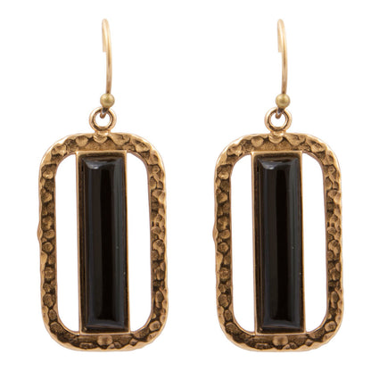 Barse Linear black onyx bronze drop earrings, front view on white.
