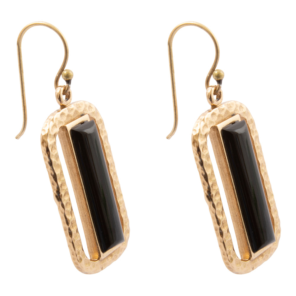 Barse Linear black onyx bronze drop earrings, side view on white.