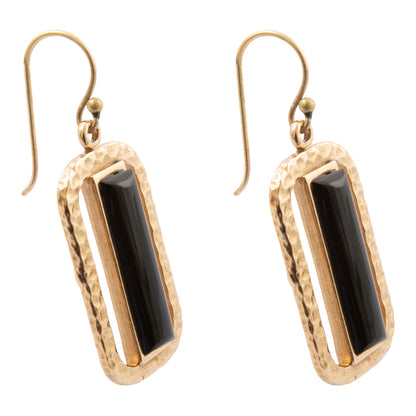 Barse Linear black onyx bronze drop earrings, side view on white.