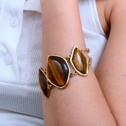 Abstract Brown Tiger's Eye Golden Statement Bracelet - Barse Jewelry