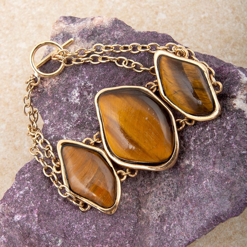 Abstract Brown Tiger's Eye Golden Statement Bracelet - Barse Jewelry