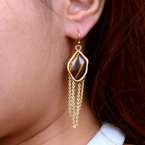 Abstract Brown Tiger's Eye Golden Statement Earrings - Barse Jewelry