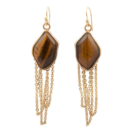 Abstract Brown Tiger's Eye Golden Statement Earrings