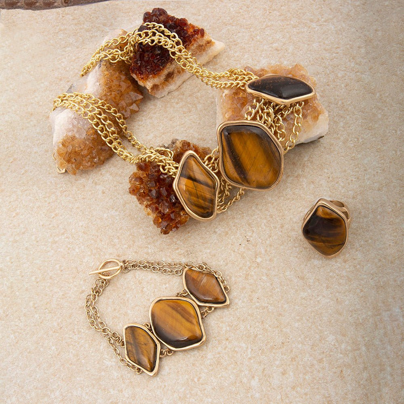 Abstract Brown Tiger's Eye Golden Statement Necklace - Barse Jewelry