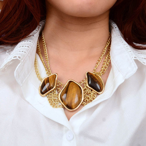 Abstract Brown Tiger's Eye Golden Statement Necklace - Barse Jewelry