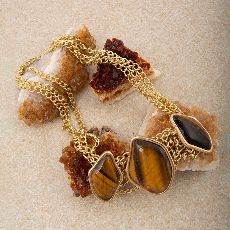 Abstract Brown Tiger's Eye Golden Statement Necklace - Barse Jewelry