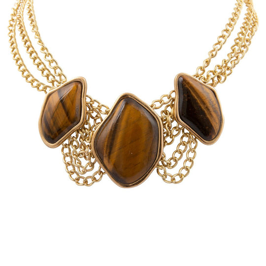 Abstract Brown Tiger's Eye Golden Statement Necklace