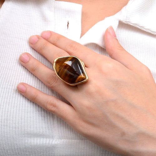 Abstract Brown Tiger's Eye Golden Statement Ring - Barse Jewelry