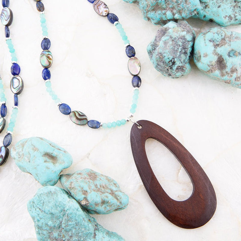 Ajo Blue Abalone and Amazonite Wood Pendant Necklace - Barse Jewelry