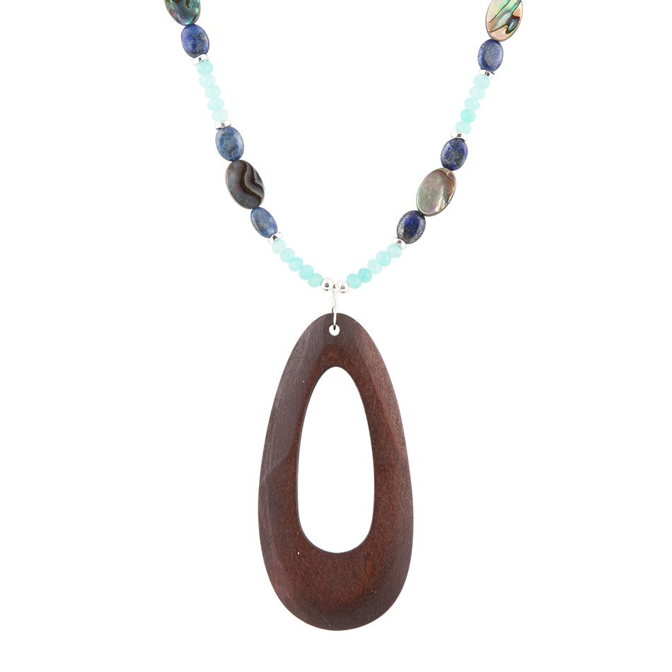 Ajo Blue Abalone and Amazonite Wood Pendant Necklace - Barse Jewelry