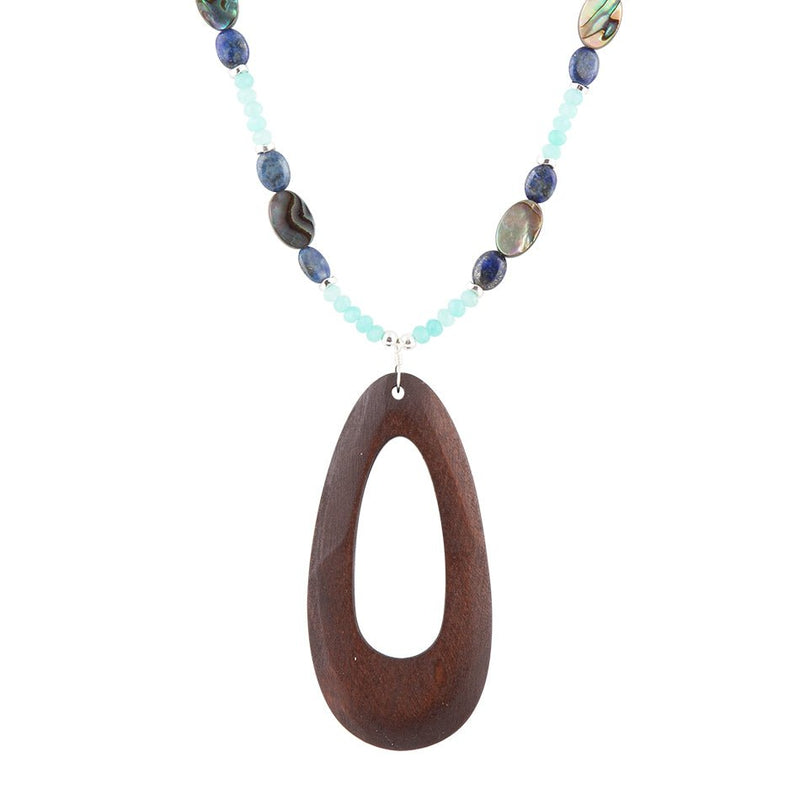 Ajo Blue Abalone and Amazonite Wood Pendant Necklace - Barse Jewelry