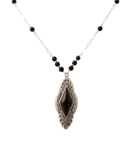 Anemone Long Diamond Black Onyx and Sterling Silver Necklace