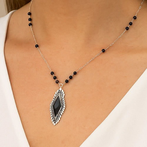 Anemone Long Diamond Black Onyx and Sterling Silver Necklace - Barse Jewelry