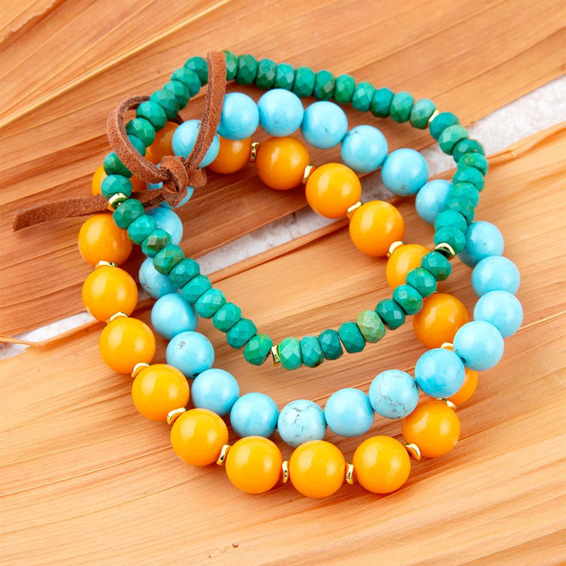 Apricot Blue Teals Triple Golden Bracelet Set - Barse Jewelry