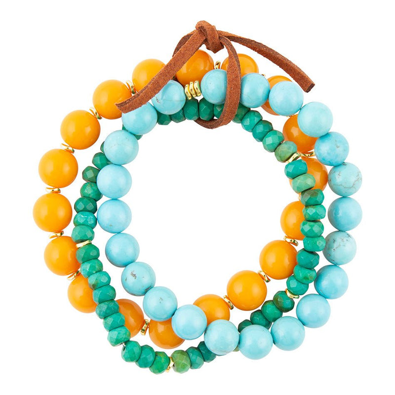 Apricot Blue Teals Triple Golden Bracelet Set - Barse Jewelry
