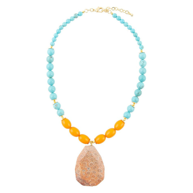 Apricot Fossil Blue Magnesite Golden Pendant Necklace - Barse Jewelry