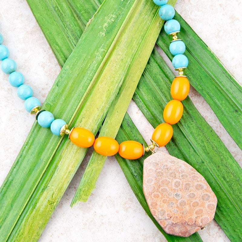 Apricot Fossil Blue Magnesite Golden Pendant Necklace - Barse Jewelry