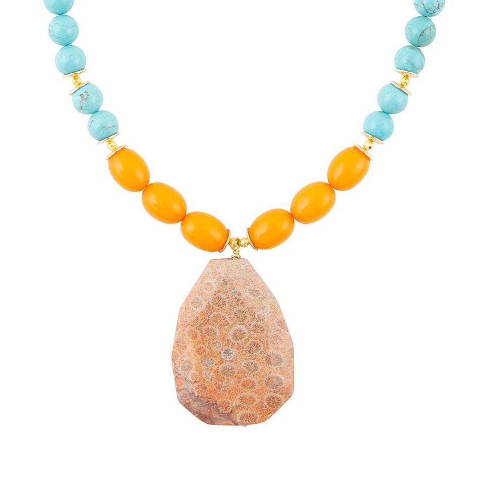 Apricot Fossil Blue Magnesite Golden Pendant Necklace - Barse Jewelry