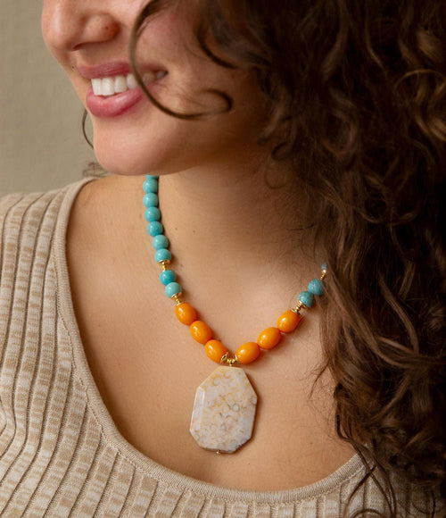 Apricot Fossil Blue Magnesite Golden Pendant Necklace - Barse Jewelry
