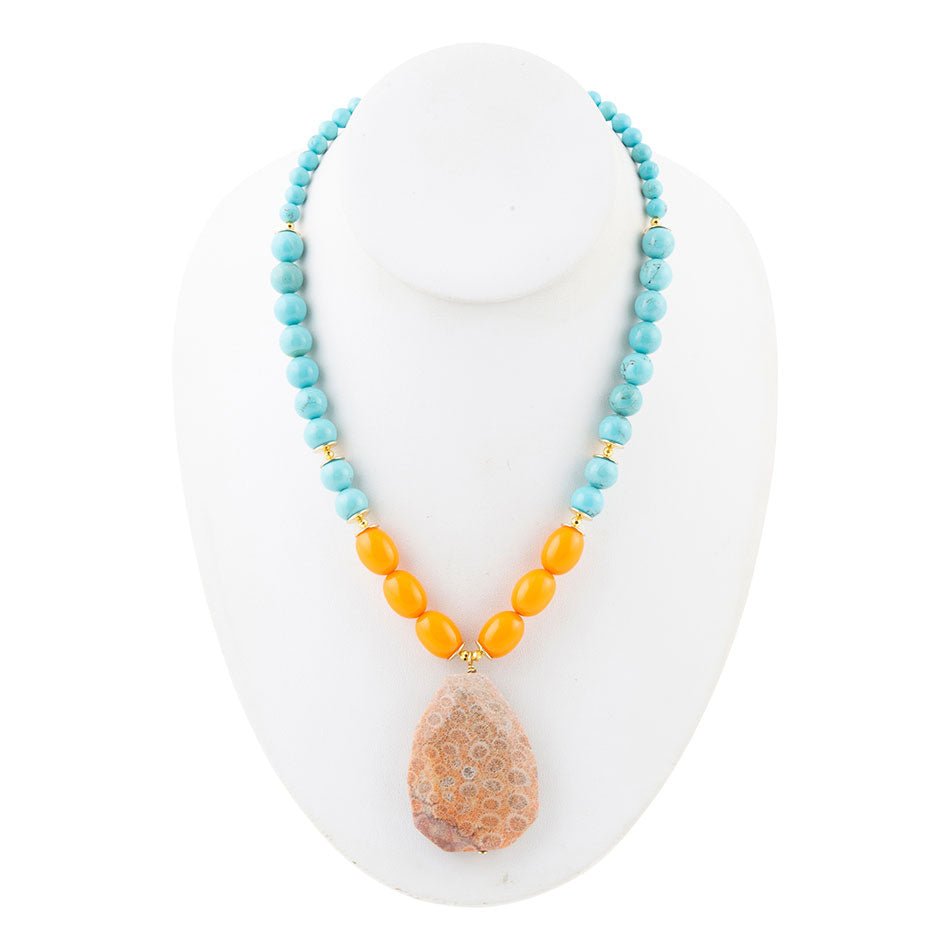 Apricot Fossil Blue Magnesite Golden Pendant Necklace - Barse Jewelry